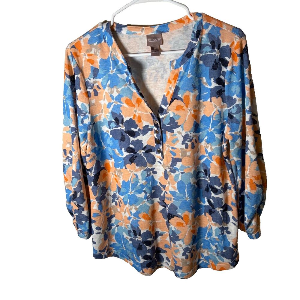 Chico's T-Shirt Women's 2 Large Floral Colorful 3/4 Sleeve V-Neck Top Popover